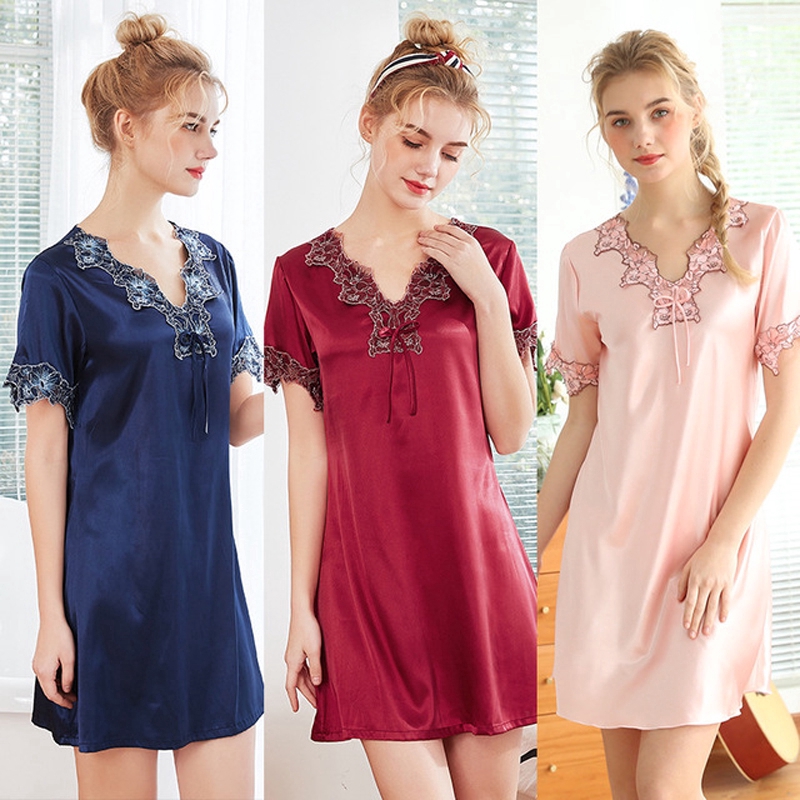 Ladies Silk Satin Night Dress Short Sleeve Sleep Dress Fashion