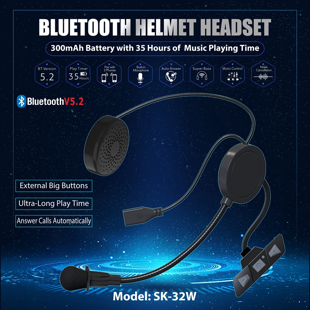 Motorcycle Helmet Bluetooth Headset 35 Hours Battery Life Riding  Wireless Anti-interference Hands Free Helmet Headset