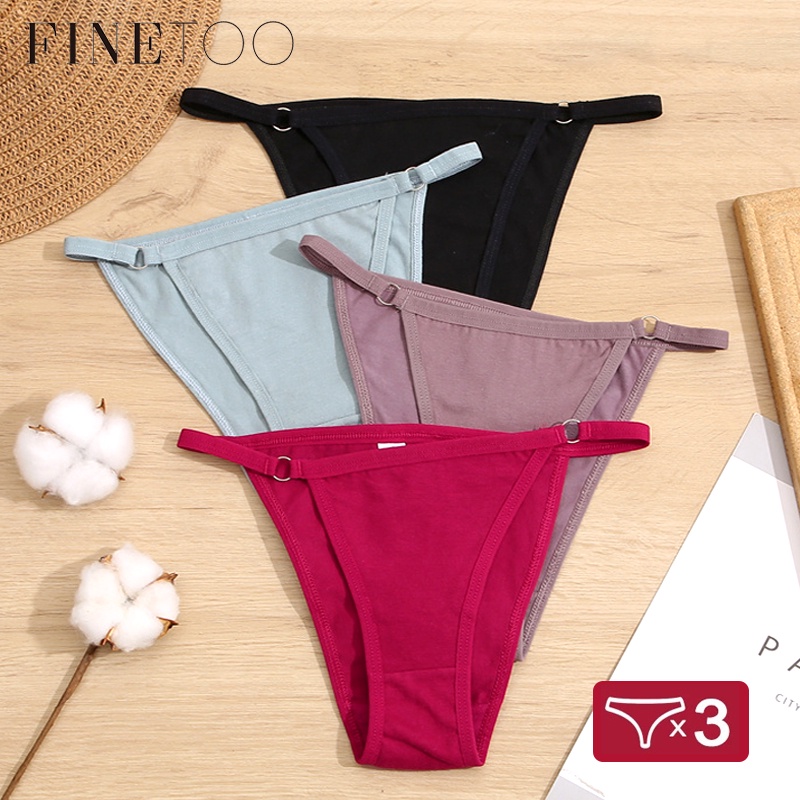 Cheap FINETOO 3Pcs Women Sexy Low-rise Panties 95% Cotton Thongs G-string  Underwear Intimates Women Briefs Sexy Lingerie Solid Color Pants