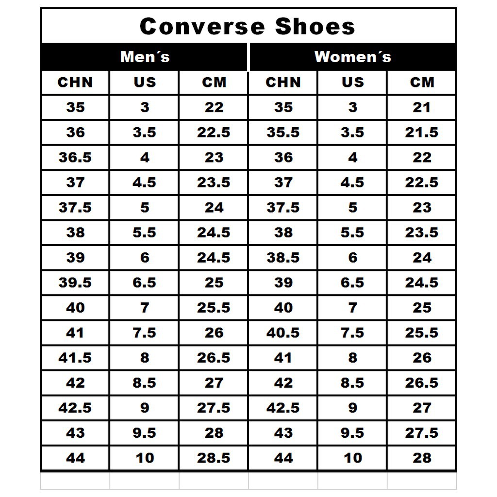 Converse all star size chart cm best sale