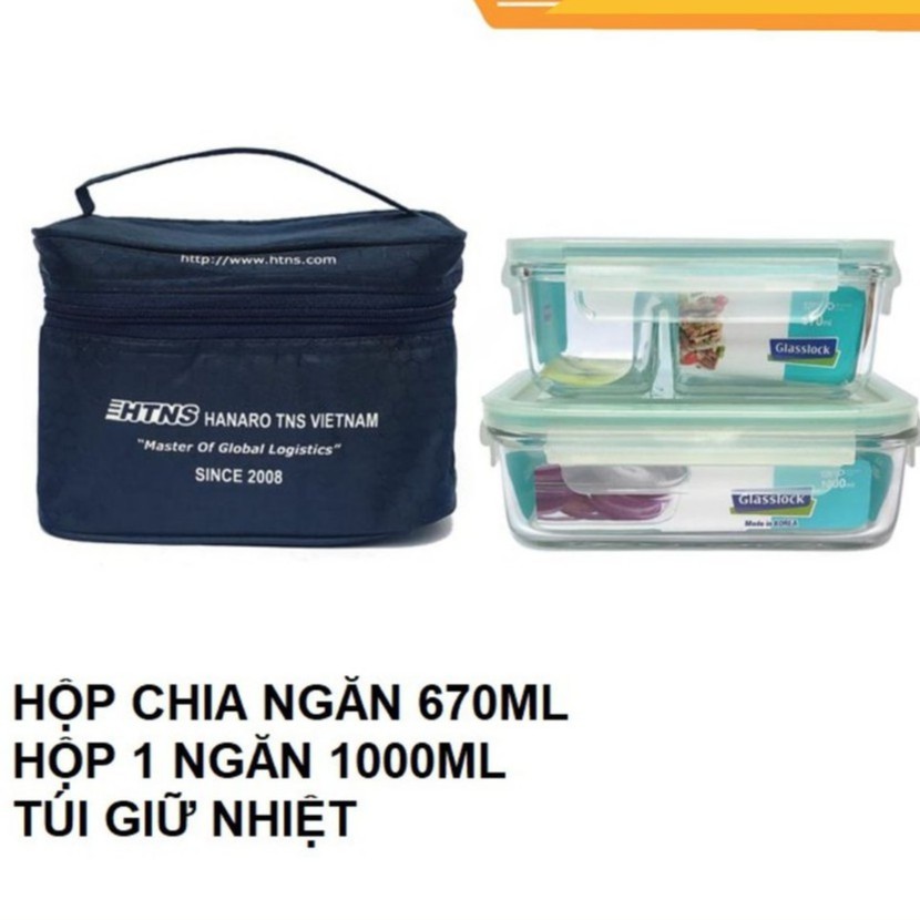 Set of 2 Glasslock lunch boxes FREE BAG (2-compartment box 670ml + box ...