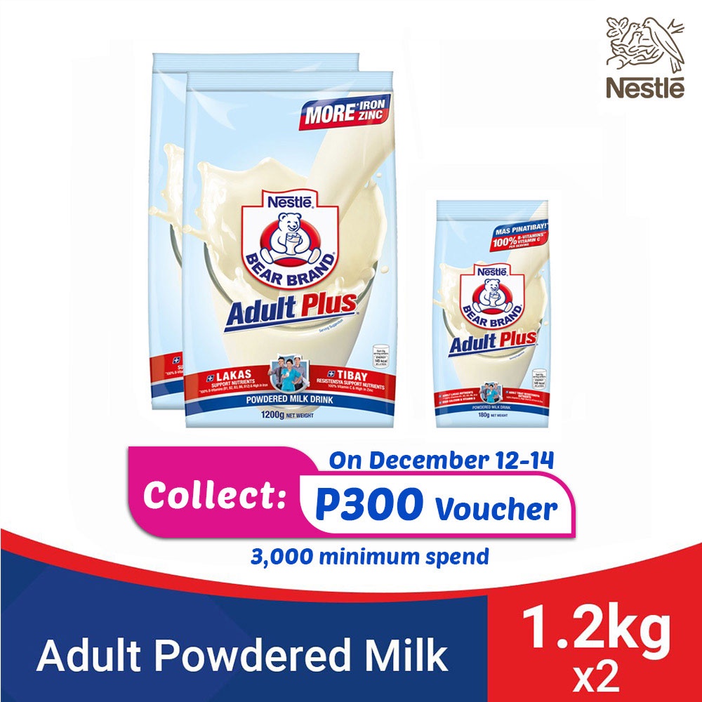 BEAR BRAND Adult Plus Milk Powder 1.2kg - Pack of 2 with Bear Brand ...