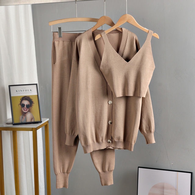 3pcs solid cardigan coat with top and pants hotsell