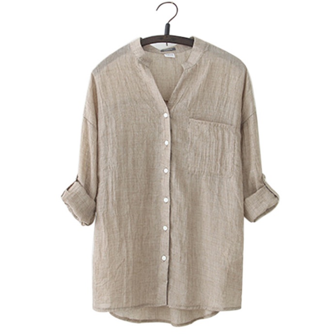 AMPH Women Linen Button Down cotton Solid Long Sleeve Blouse | Shopee ...