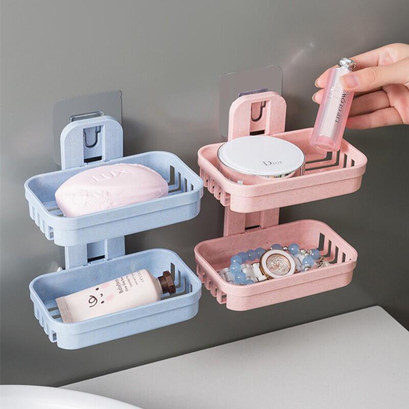 Double-layer Hollow Soap Holder Bathroom Drain Soap Box Suction Cup Soap Holder Wall Hanging ...