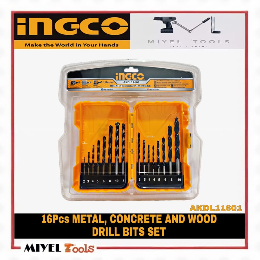 INGCO 16PCS Metal Concrete And Wood Drill Bit Set (AKDL11601) Shopee