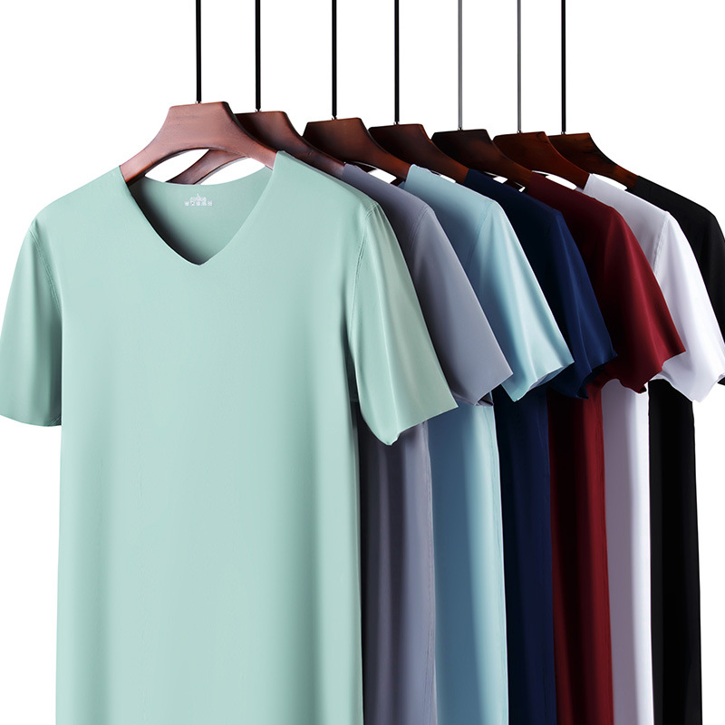 Men Ice Silk Quick Dry T-shirt Short Sleeve V Neck Solid Color