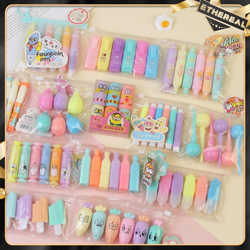 6Pcs/Pack Mini Highlighter Pens Set Cute Highlighters Lovely Cartoon