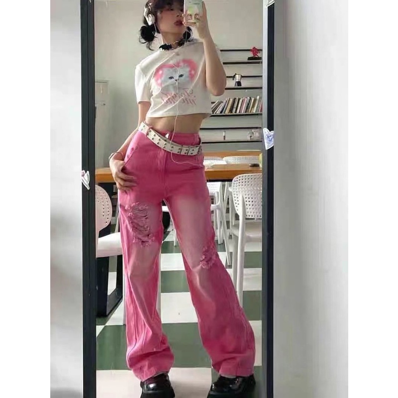 Pink Ripped Jeans Women's Summer Thin American Vintage Design Niche