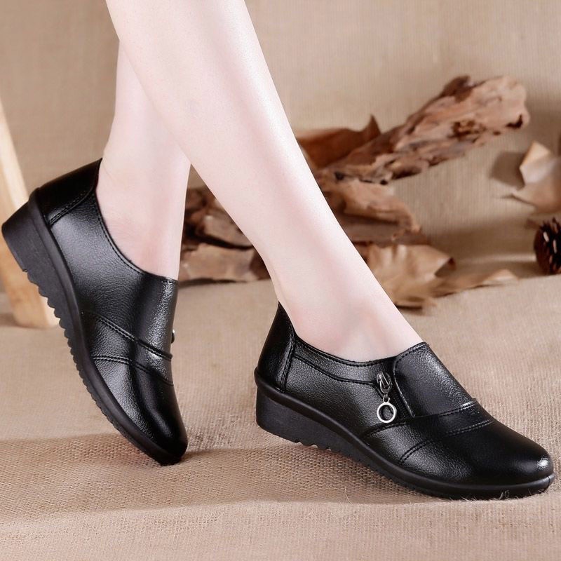 Hot Stock Lohas Female Leather Casual Flats Female Soft Black