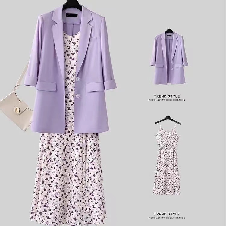 Plus Size 2PCS/set New Women Blazer Set Coat+Chiffon Floral Strap