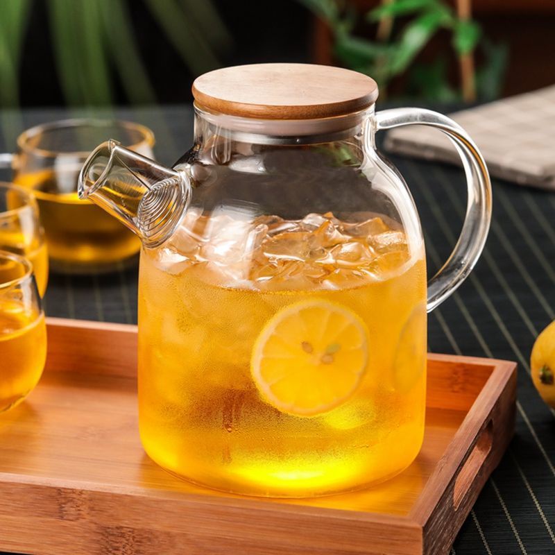1.8L Borosilicate Glass Pitcher with bamboo lid Portable Handle water ...