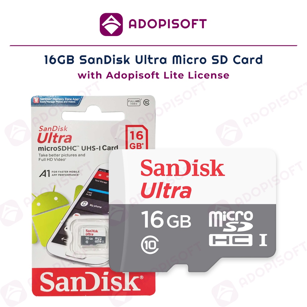 ADOPISOFT Sandisk SDSQUNS-016G 16GB Class 10 Ultra Micro SD Card w/  AdoPiSoft License