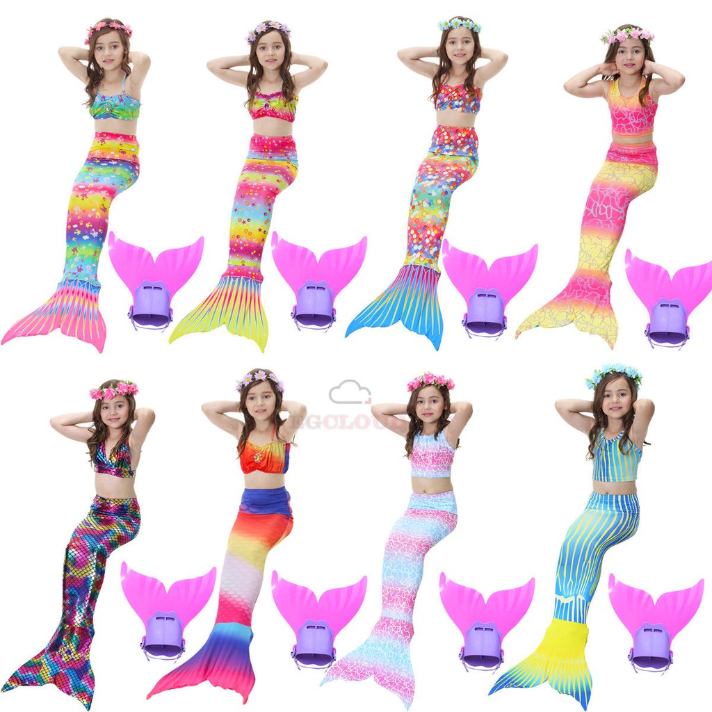 3Pcs/set Kids Girls Swimmable Mermaid Tail Bikini Swimming Costume ...