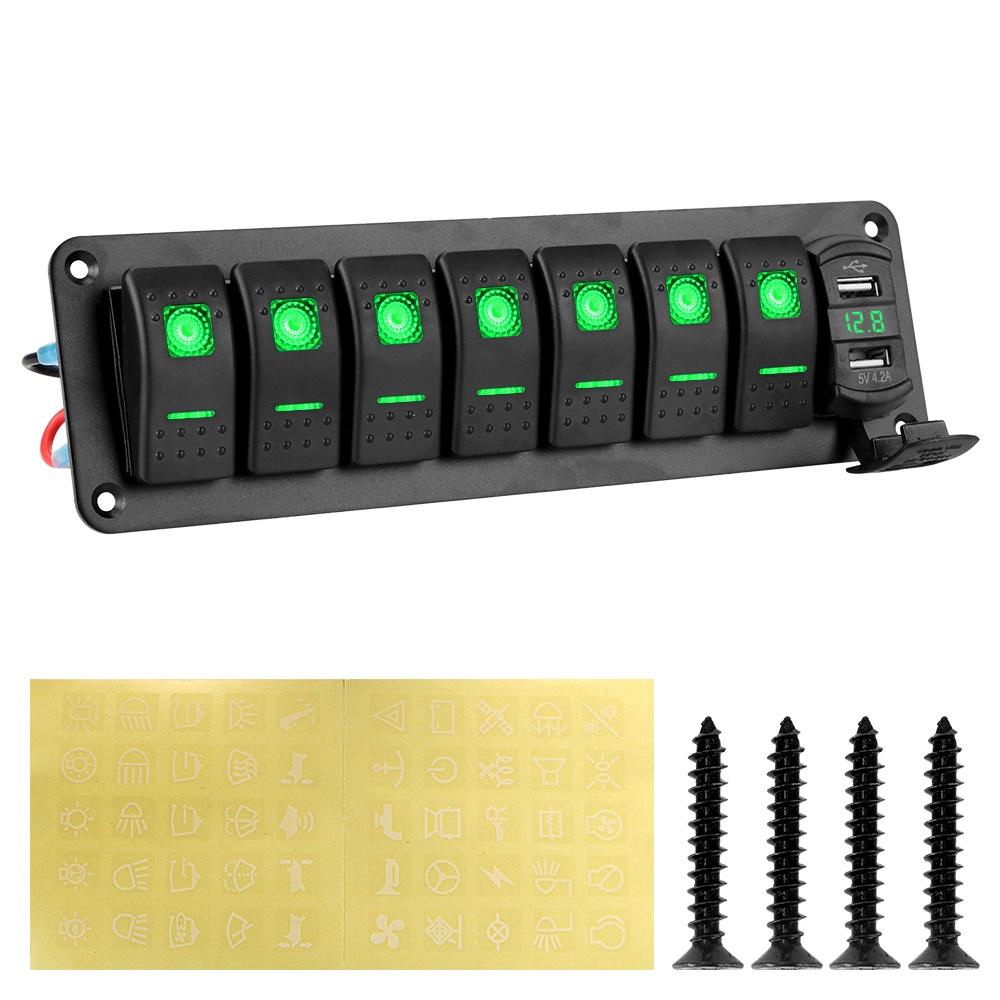 7 Gang Rocker Switch Panel DC 12V/24V Dual USB Chargers Car Truck Bus ...