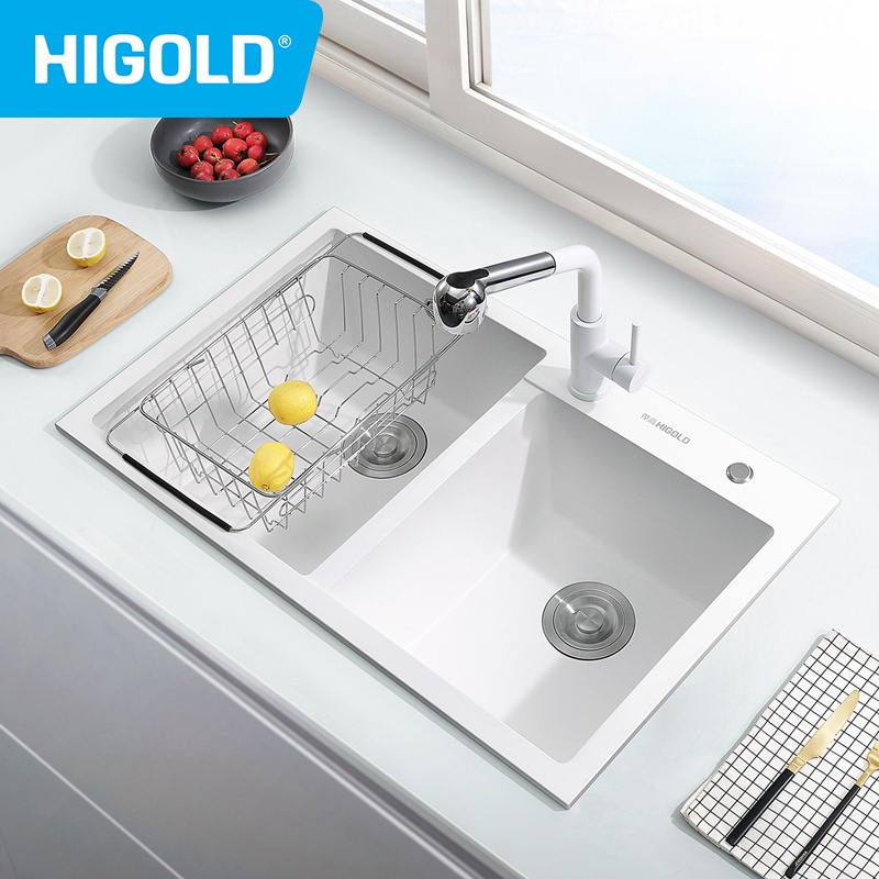 HIGOLD Double Bowl Quartz Kitchen Sink 60/40 Undermount White Black