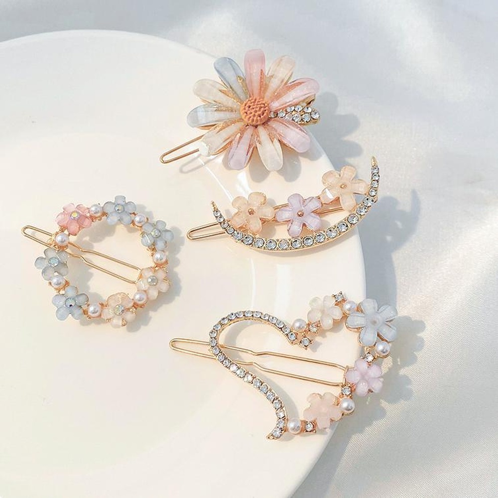 Women Simple Flower Flash Rhinestone Hair Clip Girls Alloy Crystal Side