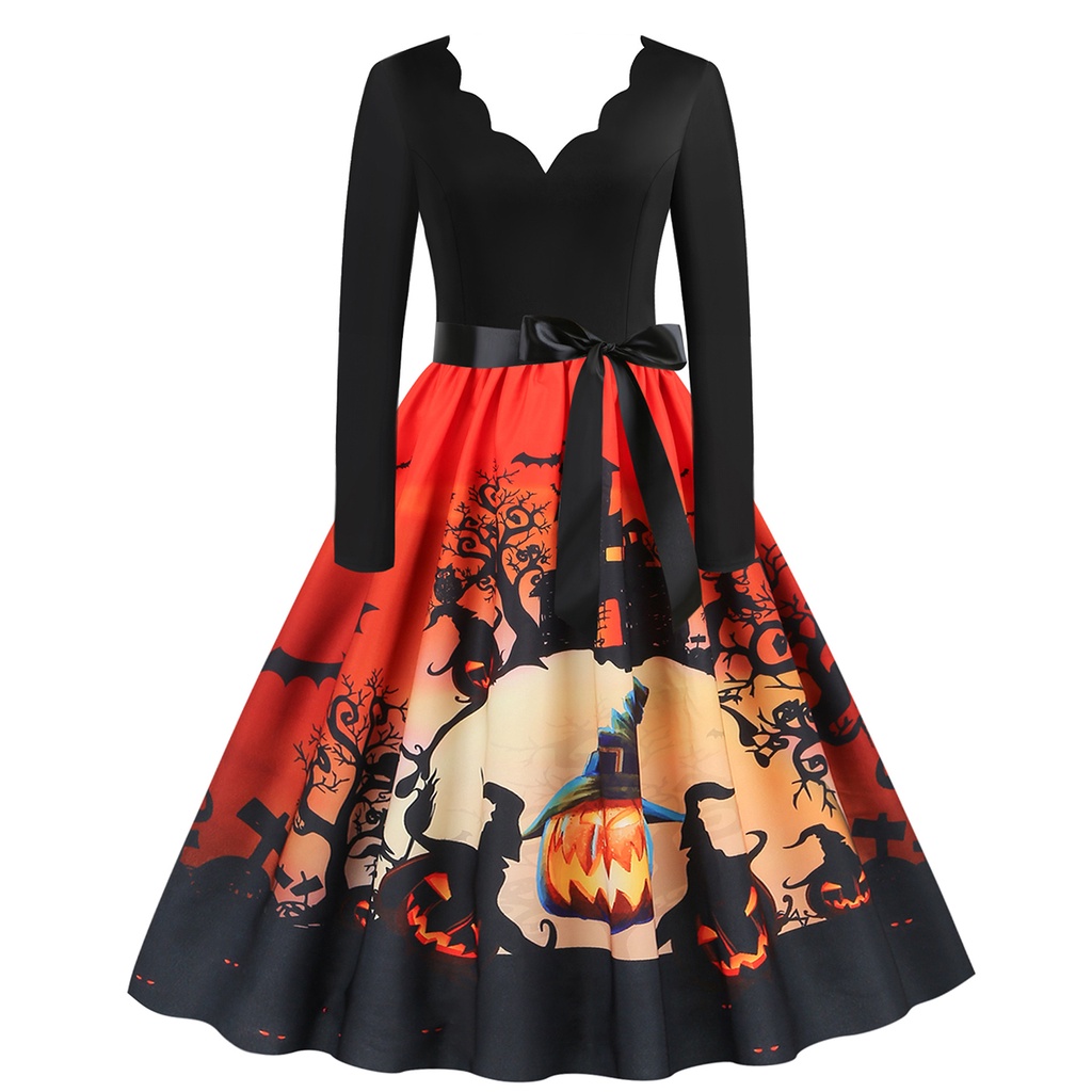 Burned Flower Wave Edge V-neck Retro Dress Women's Festival Halloween ...