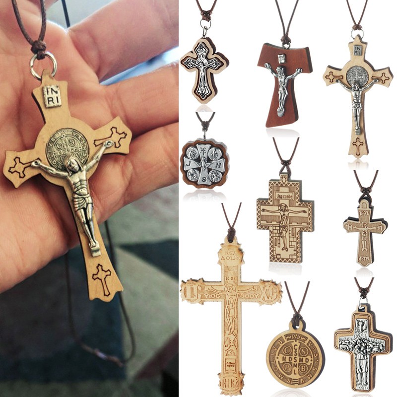 Religious Catholic Jesus Wooden Cross Pendant Necklaces Adjustable Rope ...