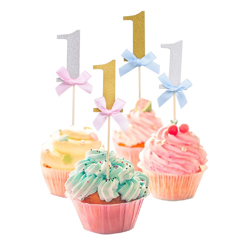 10Pcs Glitter Gold One Cupcake Topper Food Picks Pink Bow 1st Birthday ...