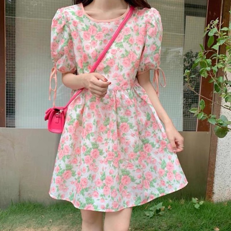 [Freckle] Korean Floral Puff Sleeve T-Shirt Dress