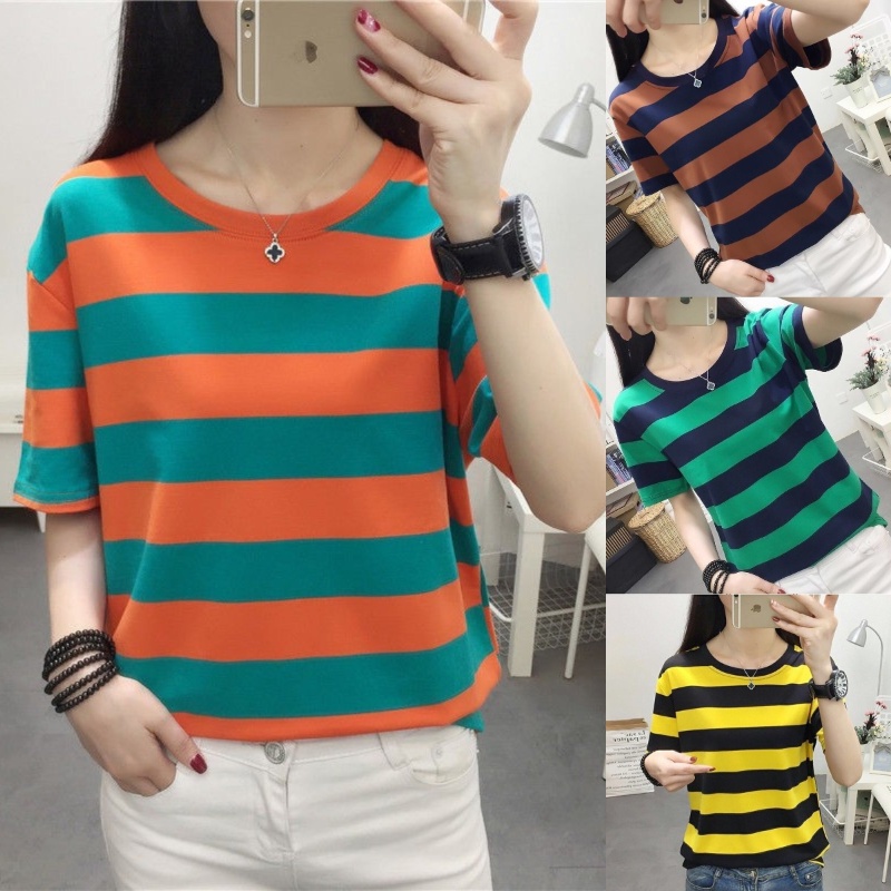 Short Sleeve T-shirt Korean Style Fashion Striped Top Women Blouse ...