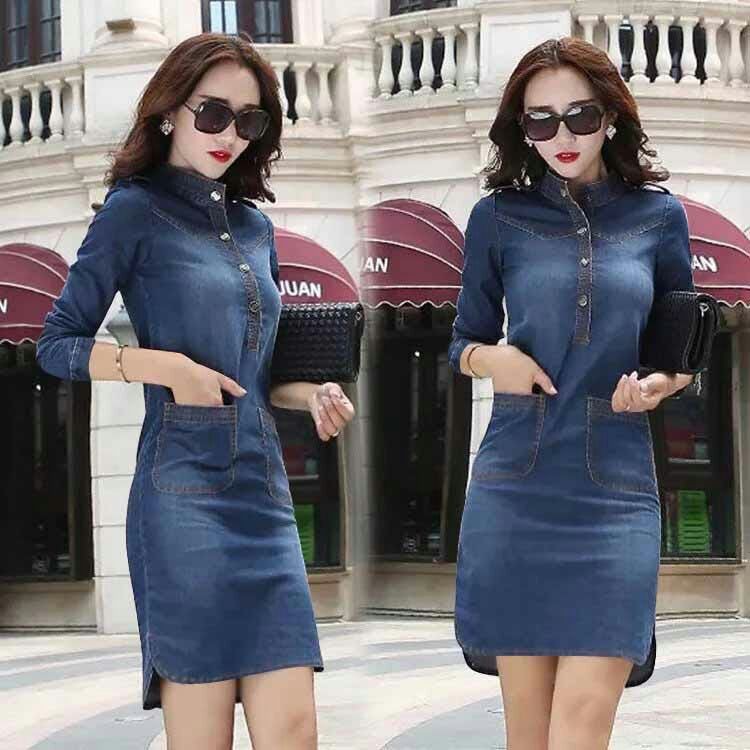 R 5871 Korean Fashionable Denim Dress With Side Pockets Shopee Philippines