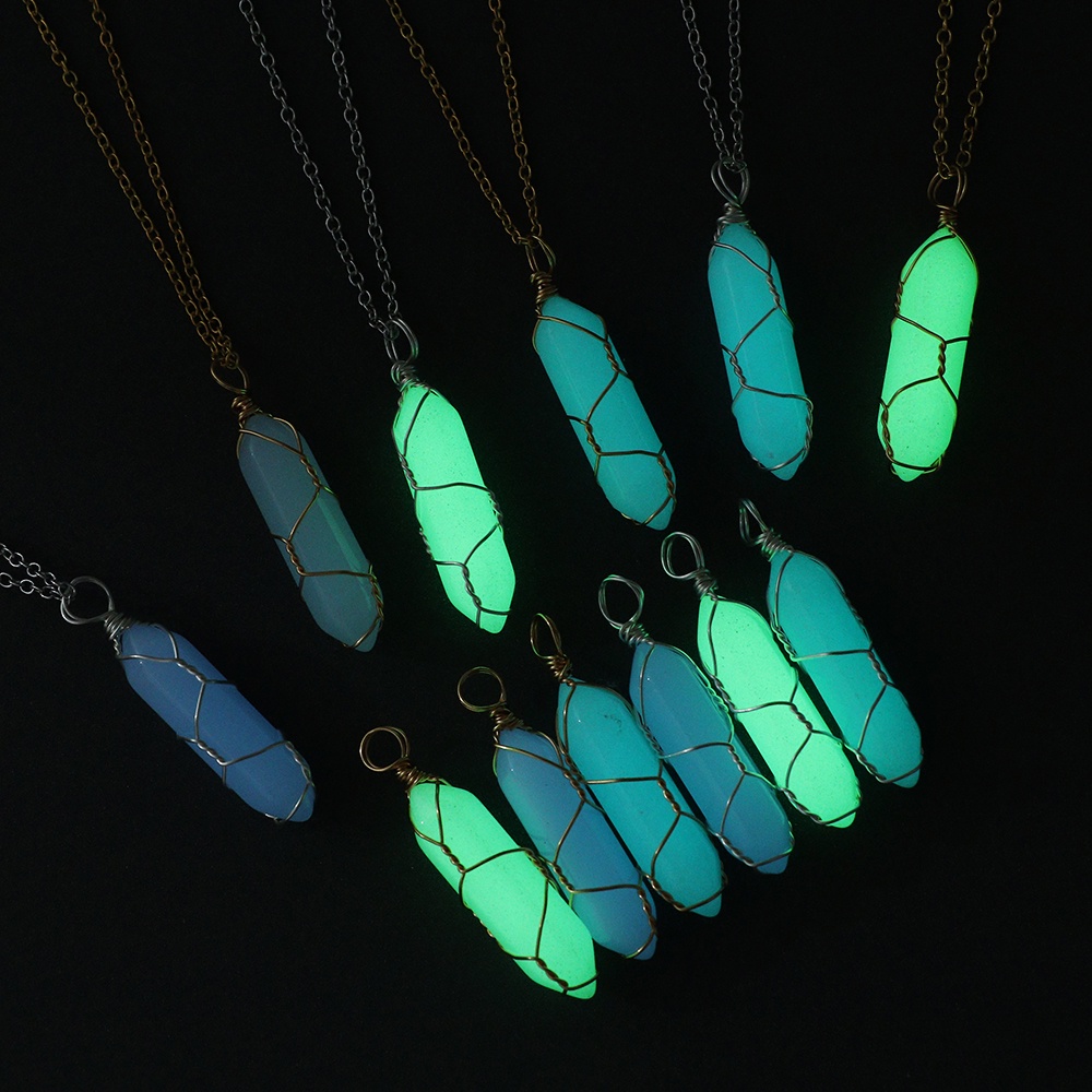 `Hexagonal Cylindrical Crystal Necklace Glow In The Dark Luminous Wire Wrap Stone Craft Pendant