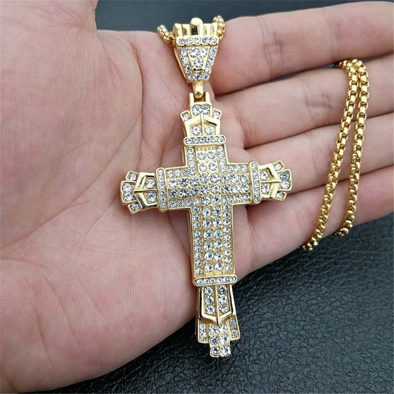 New Men's Gold and Silver Stainless Steel Rhinestone Cross Fashion ...
