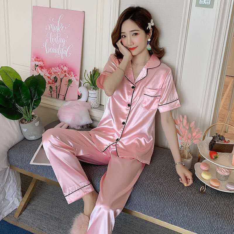 Bangkok Satin Short Sleeve Plain Night Wear Long Pants Silk Pajama