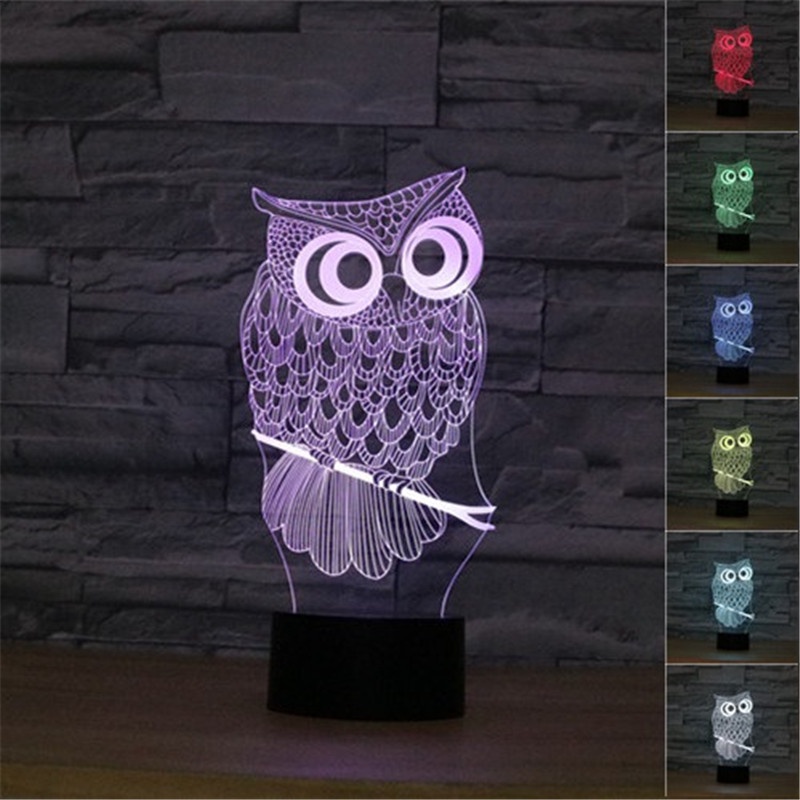 Owl Shape 3D Night Light 7 Colors Gradient Cute Nighthawk USB LED Table ...