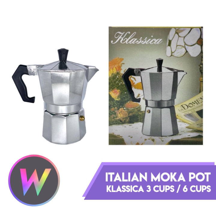 Klassica Italian Moka Pot 3 cups, 6 cups for Espresso Coffee Maker