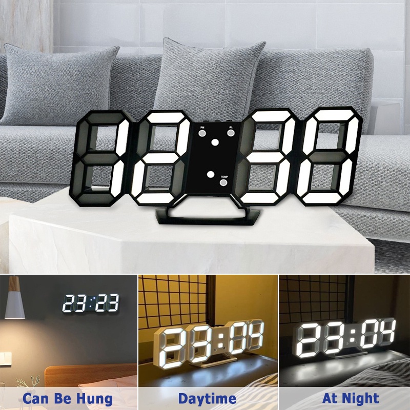 Modern 3D Clock LED Digital White Black Wall-mounted Clock 12/24 ...