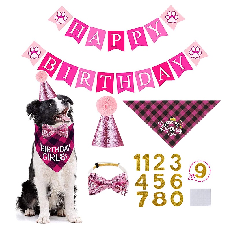 Dog Birthday Bandana Hat Banner Set Dog Boy Girl Cute Bow Tie Scarf