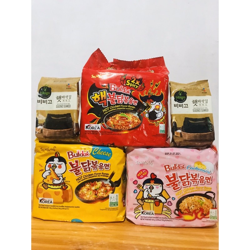 Samyang Buldak Carbonara, Cheese and 2x Spicy/Family pack of 5 with FREE BIBIGO SEAWEED Shopee