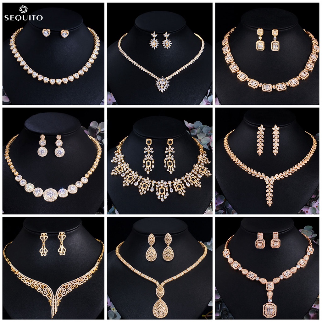 SEQUITO Luxury CZ Zircon Diamond Crystal Necklace Earrings for Women ...
