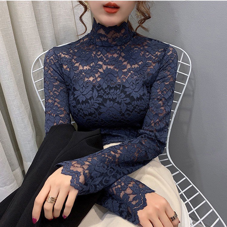 Lace t shirt new all match high neck western small shirt top with long sleeved lace bottoming t shirt Shopee Philippines