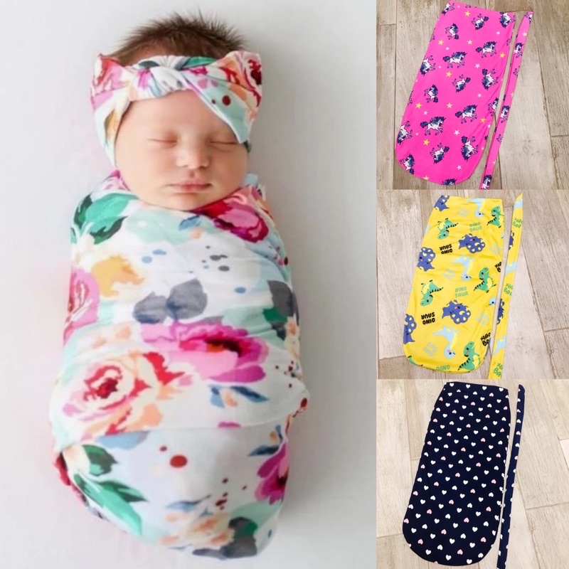 Newborn Baby Swaddle Wrap & Headband Set korean pambahay or pangalis