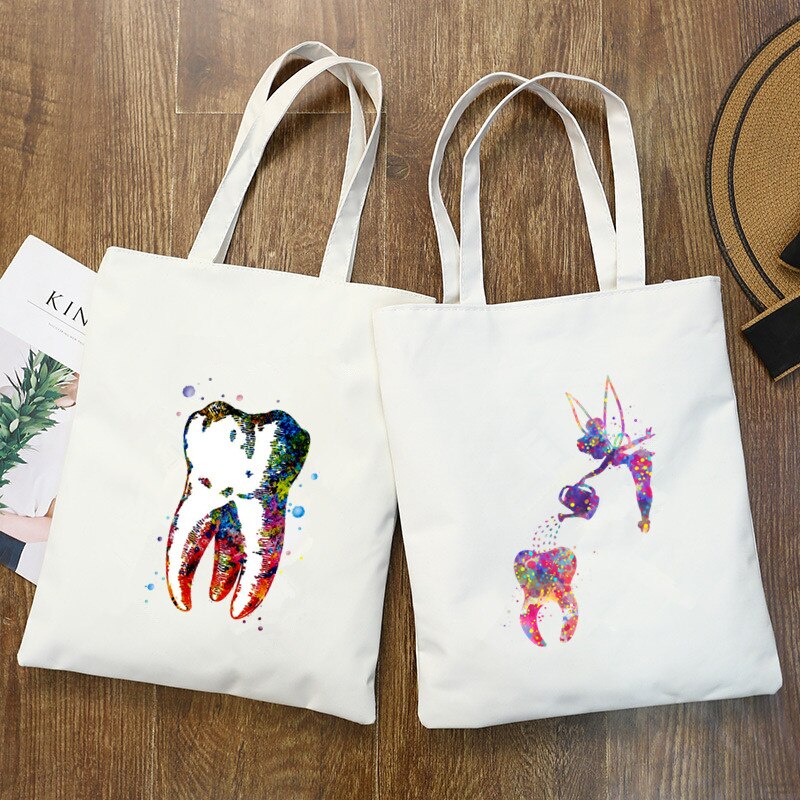 Teeth and Dentist Women Canvas Shopping Bag Letter Printing Women Cloth ...