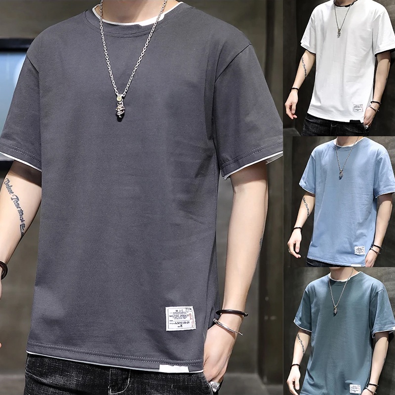 M-4XL Plus Size Summer Fake 2 Pieces Cotton TShirt Casual Loose Tee ...