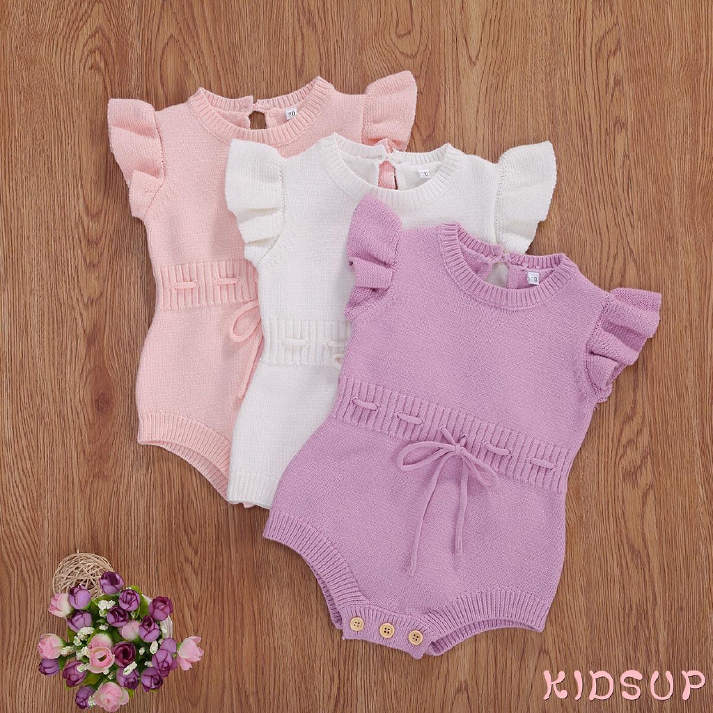 KIDSUP-Baby Romper Summer Flying Sleeve Lace Up Romper Solid Color ...