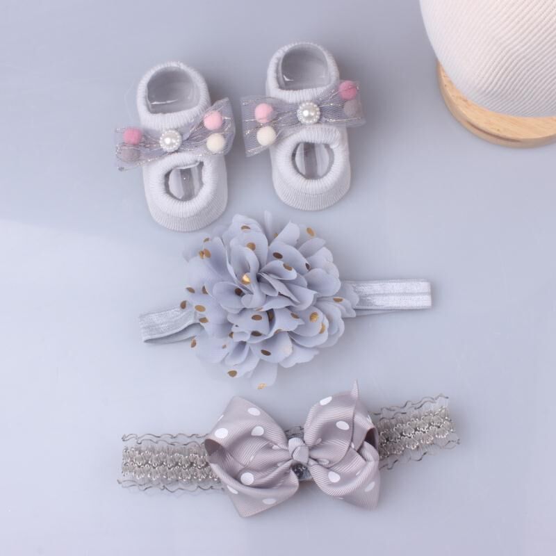 3Pcs/Set Cute Baby Headband Socks Set Girl Crown Bows Hairband Newborn