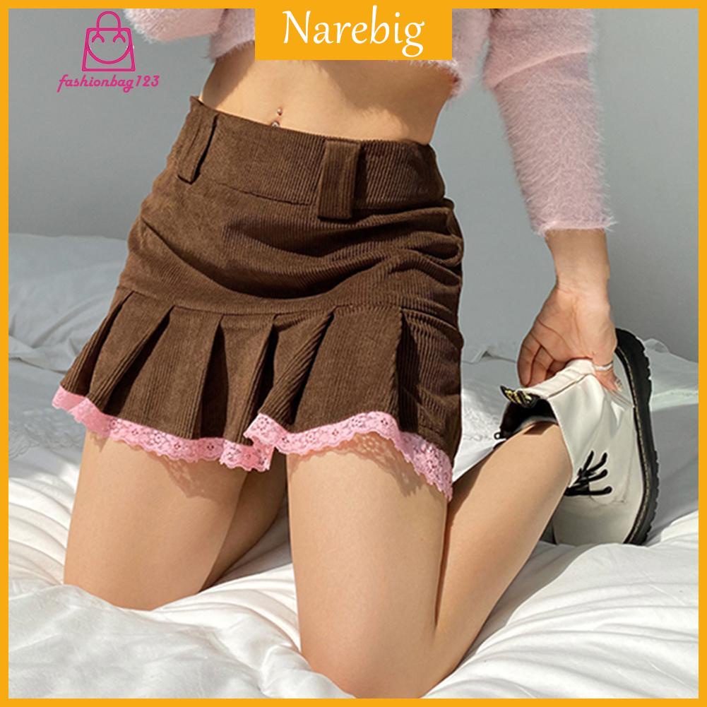 Women Pleated Skirt with Belt Casual High Waist A-Line Short Corduroy skirt  Chic