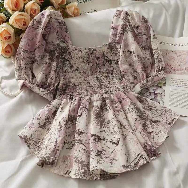 Fashion Women Square Collar Sexy Sweet Pleated Small Floral Print Short ...