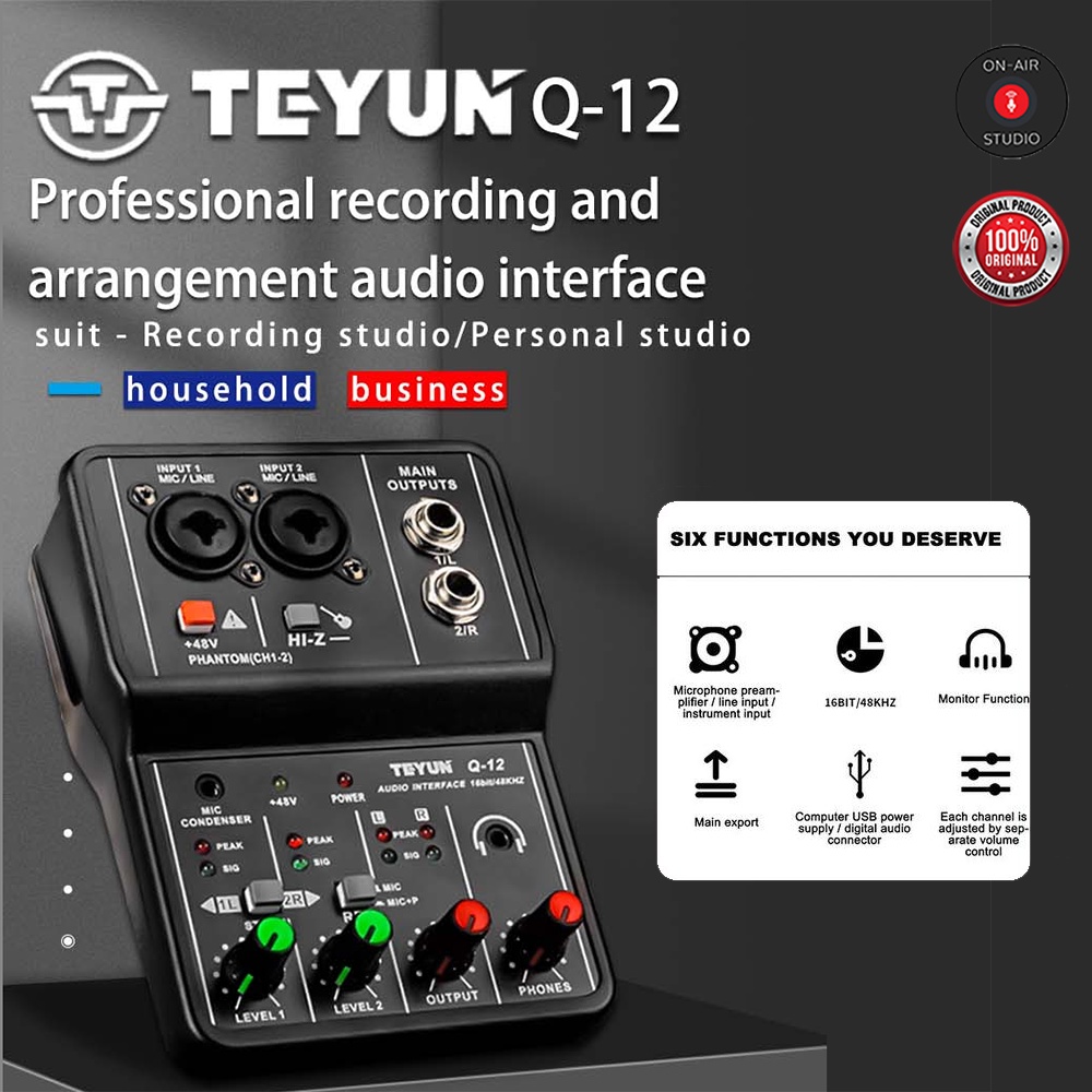 TEYUN Q-12 Audio Interface 16bit/48khz Sound Card 48V Phantom Power ...