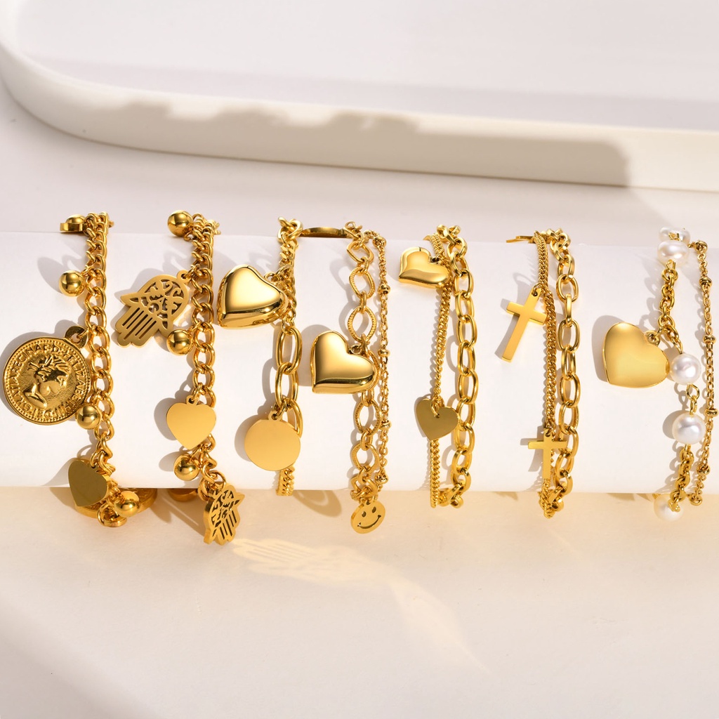 Vnox 18K Gold Double Layer Braclet,Heart Love Pearl Cross Chain Link ...