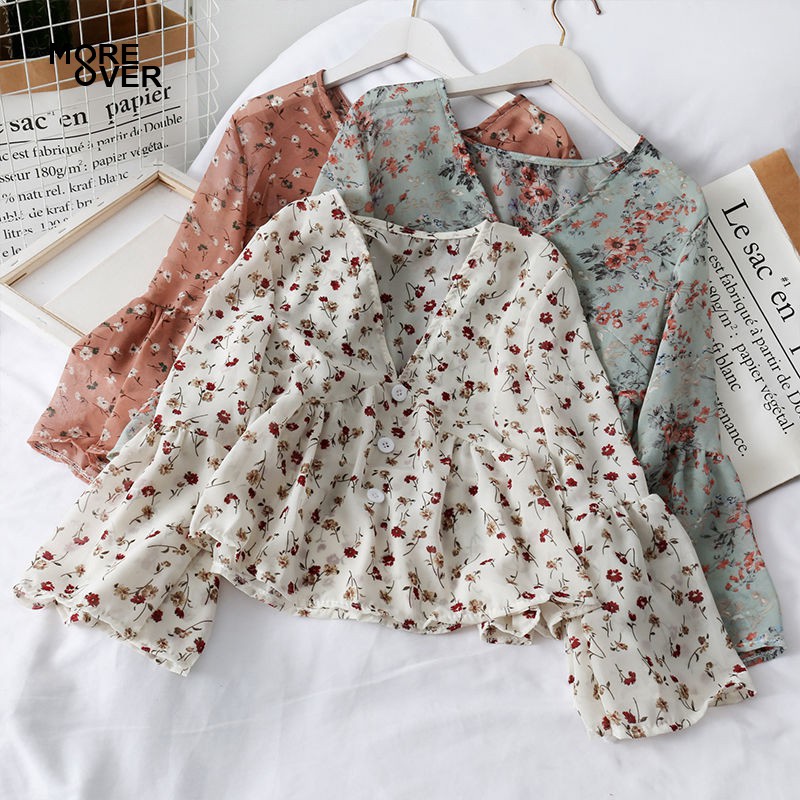 Fashion Women Floral Blouse Korean Top Chiffon Casual Printed V