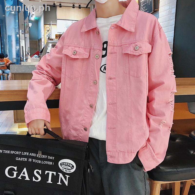 Fashion Loose korean Style Handsome Pink ripped Denim Jacket