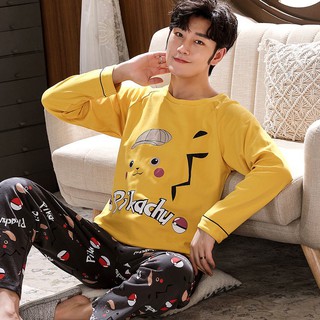 insCartoon Pyjamas Men's Long Sleeve Pajama Set Home Wear Sleeping Pants  One Piece Luffy Youth Sleep