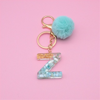 Cute Keyring Green Pompom Fur Ball 26 Letter Keychain Resin Key Chains  Handbag Charms For Woman Ornaments Accessories Gift